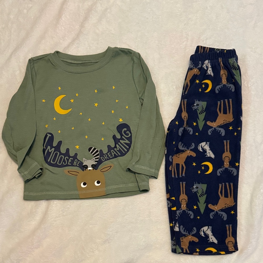 Kids Pajamas Set - Green and Blue Moose Design
